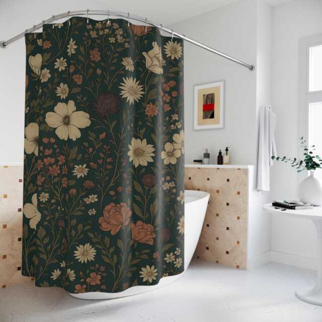 Dark Floral Shower Curtain Cottagecore Botanical Bathroom Decor