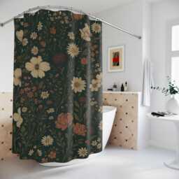 Dark Floral Shower Curtain Cottagecore Botanical Bathroom Decor - thumbnail 1