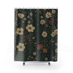 Dark Floral Shower Curtain Cottagecore Botanical Bathroom Decor - thumbnail 2