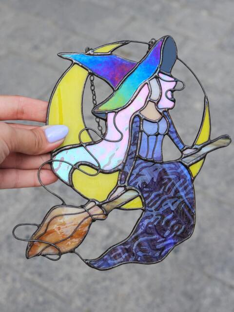 stained Glass Witch Wall Hanging Suncatcher - Spooky Halloween Home Decor - image 1