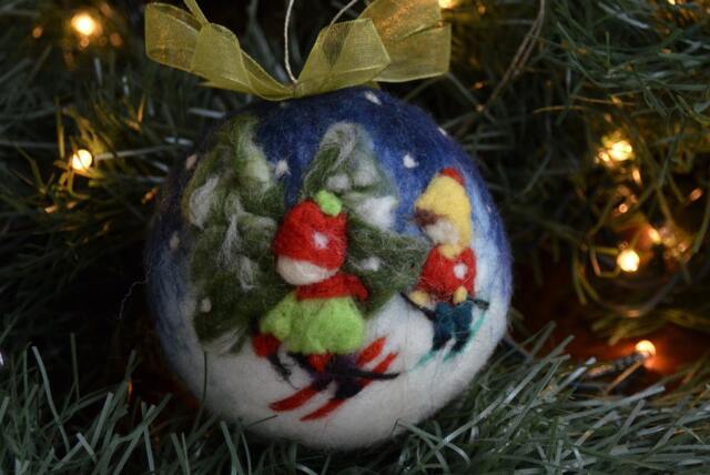 Hand-Painted Skiers Christmas Ball Unbreakable Felt Ornament - image 1