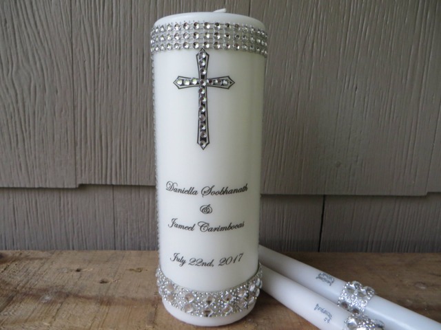 Personalized Unity Candle Set Rhinestone Cross, Love Is Patient Verse - image 1