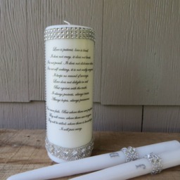 Personalized Unity Candle Set Rhinestone Cross, Love Is Patient Verse - thumbnail 3