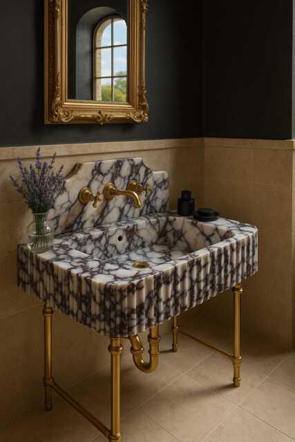 Calacatta Viola Marble Sink & Backsplash, Unique Basin, Hand Carved Sink, Bathroom Vanity - image 1