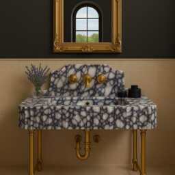 Calacatta Viola Marble Sink & Backsplash, Unique Basin, Hand Carved Sink, Bathroom Vanity - thumbnail 2