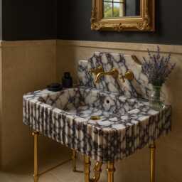 Calacatta Viola Marble Sink & Backsplash, Unique Basin, Hand Carved Sink, Bathroom Vanity - thumbnail 3