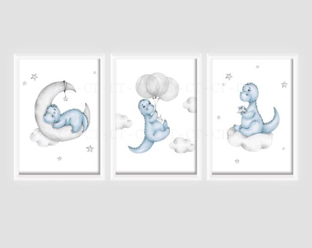 Boys Dinosaur Cloud Moon Stars A4 Or A3 Bedroom Nursery Set Of 3 Unframed Prints Blue Grey Dino - image 1