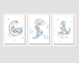 Boys Dinosaur Cloud Moon Stars A4 Or A3 Bedroom Nursery Set Of 3 Unframed Prints Blue Grey Dino - thumbnail 1