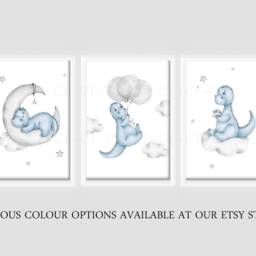 Boys Dinosaur Cloud Moon Stars A4 Or A3 Bedroom Nursery Set Of 3 Unframed Prints Blue Grey Dino - thumbnail 2