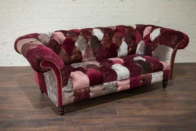 Unique British Handmade 3 Seater Mulberry Velvet Fabric Patchwork Chesterfield Sofa - image 1