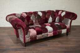 Unique British Handmade 3 Seater Mulberry Velvet Fabric Patchwork Chesterfield Sofa