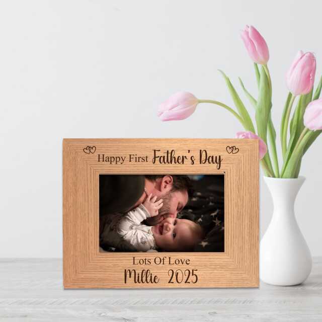 Personalised First Father's Day Photo Frame Engraved Oak, Grey Or White - image 1