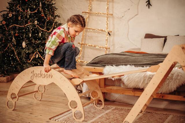 Montessori Toddler Set - Foldable Triangle + Climbing Arch Ramp With Slide, Wood Play Center Wooden Gym Dreieck - image 1
