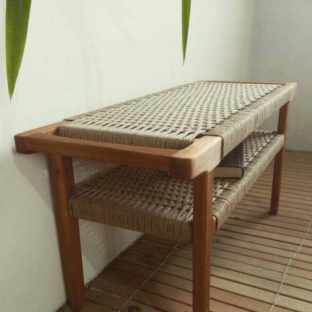 Bench With Wicker Seat W90??D35??H46cm - With Lower Shelf - image 1