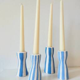 Blue Striped Ceramic Candle Holder, Handcrafted Ceramic, Gift Idea - thumbnail 3