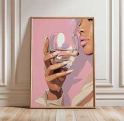 Chic Woman Wall Art Poster, Drinking Glass Pop Print, Feminine Modern Style, Pink Unframed Decor For Bedroom, Vanity Or Lounge Space