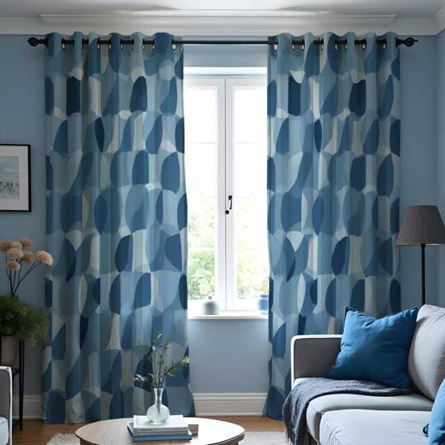 Blue Geometric Curtains, Modern Abstract Circle Drapes, Custom Window Panels For Bedroom Or Living Room Contemporary Decor - image 1