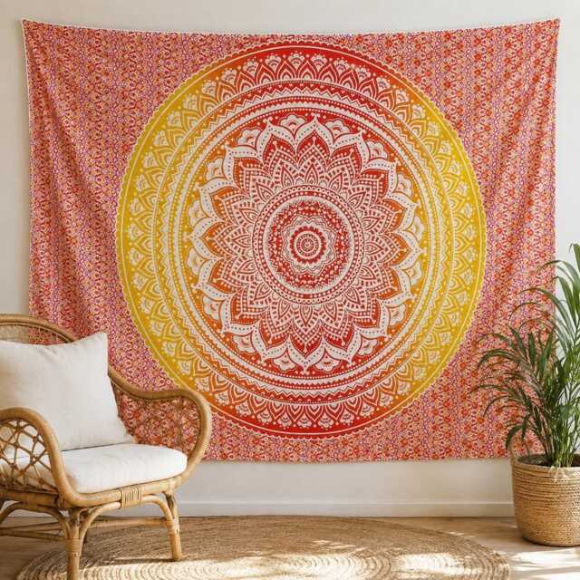 Orange Mandala Tapestry, Bohemian Floral Wall Hanging, Indian Hippie Bedroom Decor, Meditation Fabric Art, Cotton 54x84 & 84x90 Inch - image 1