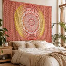 Orange Mandala Tapestry, Bohemian Floral Wall Hanging, Indian Hippie Bedroom Decor, Meditation Fabric Art, Cotton 54x84 & 84x90 Inch - thumbnail 2