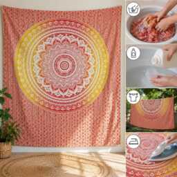 Orange Mandala Tapestry, Bohemian Floral Wall Hanging, Indian Hippie Bedroom Decor, Meditation Fabric Art, Cotton 54x84 & 84x90 Inch - thumbnail 4