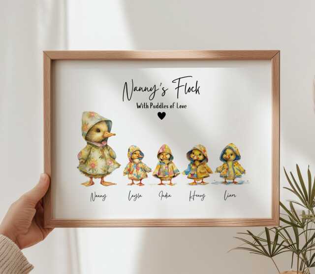 Personalised Framed Flock Gift, Nanny's Print, Gift For Gran, Granny, Nan, Raincoat Ducks Best Nanny, Mothers Day - image 1