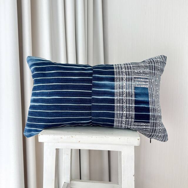 Vintage Hmong Pillow Cover Hand Block Print Indigo Hemp Cushion - 12x20 - image 1