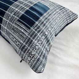 Vintage Hmong Pillow Cover Hand Block Print Indigo Hemp Cushion - 12x20 - thumbnail 4