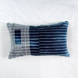 Vintage Hmong Pillow Cover Hand Block Print Indigo Hemp Cushion - 12x20 - thumbnail 2