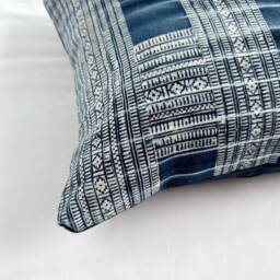 Vintage Hmong Pillow Cover Hand Block Print Indigo Hemp Cushion - 12x20 - thumbnail 3
