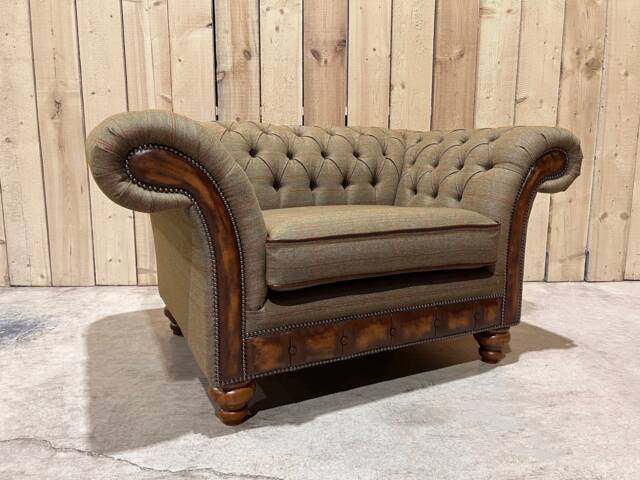 2 Seater Sage Green Tweed Fabric Chesterfield Sofa, Antique Tan Leather Details, British Handmade - image 1