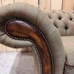 2 Seater Sage Green Tweed Fabric Chesterfield Sofa, Antique Tan Leather Details, British Handmade - thumbnail 4