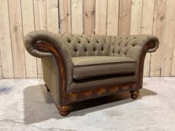 2 Seater Sage Green Tweed Fabric Chesterfield Sofa, Antique Tan Leather Details, British Handmade