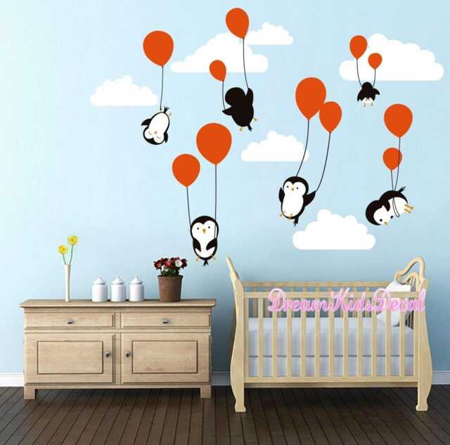 Penguins Penguin Cloud Balloon Wall Decal, Decals Nursery, Baby Kids Decals, Peel & Sticke Decal For Children-Dk025 - image 1