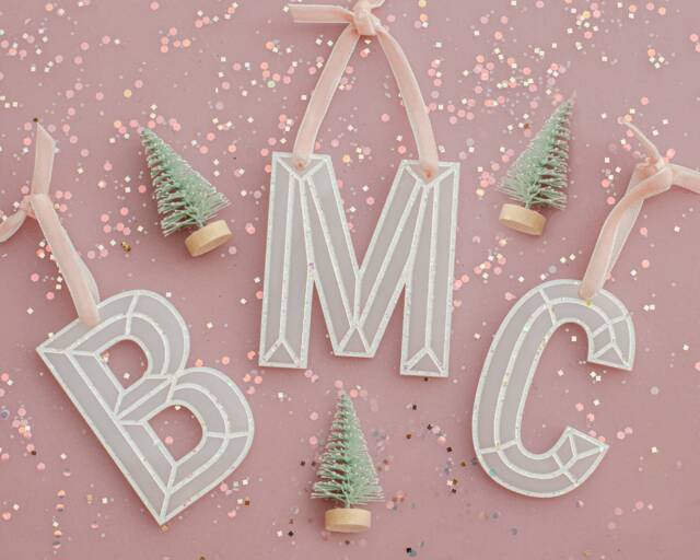Modern Initial Ornament, Glitter Ornament , Custom Christmas Gift, Initial, Festive Ornament, White & Pink, Stocking Stuffer - image 1