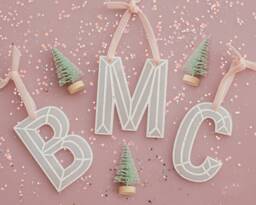 Modern Initial Ornament, Glitter Ornament , Custom Christmas Gift, Initial, Festive Ornament, White & Pink, Stocking Stuffer - thumbnail 1
