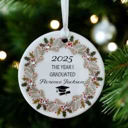 Personalised The Year I Graduated Christmas Gift Ceramic Circle Xmas Decoration Bauble Ornament Holly Wreath Design With Diamante Detail