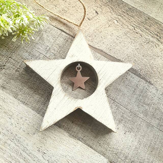 White Wooden Hanging Star Decoration With Metal - The Home & Hearts Shop Rustic Wall Decor Shabby Wedding Gift Christmas - image 1