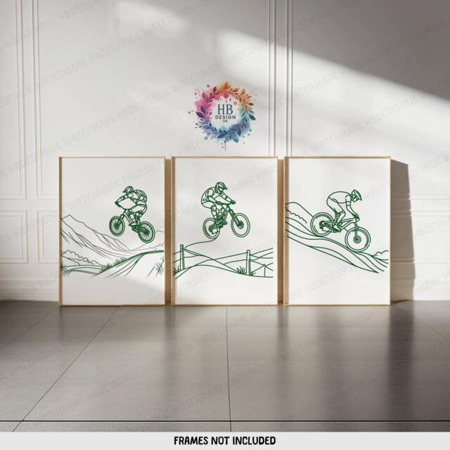Green Mountain Biking Prints - Set Of 3 Posters - Biker Wall Art Line Drawing Bike Decor Cycling Artwork Boys Cyclist Bedroom Gifts A3 - image 1