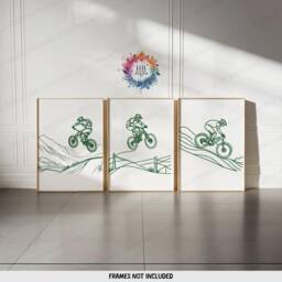 Green Mountain Biking Prints - Set Of 3 Posters - Biker Wall Art Line Drawing Bike Decor Cycling Artwork Boys Cyclist Bedroom Gifts A3 - thumbnail 1
