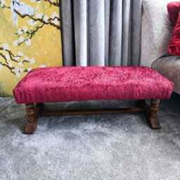 Antique Oak Hearth/Fender Foot Stool Bench Solid Frame Reupholstered - thumbnail 3