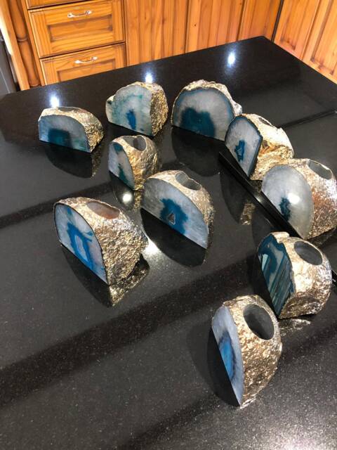 Large Teal Agate End Microcrystalline Quartz Gold Gilded 24Ct Tealight Candle Holder - image 1