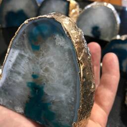 Large Teal Agate End Microcrystalline Quartz Gold Gilded 24Ct Tealight Candle Holder - thumbnail 4