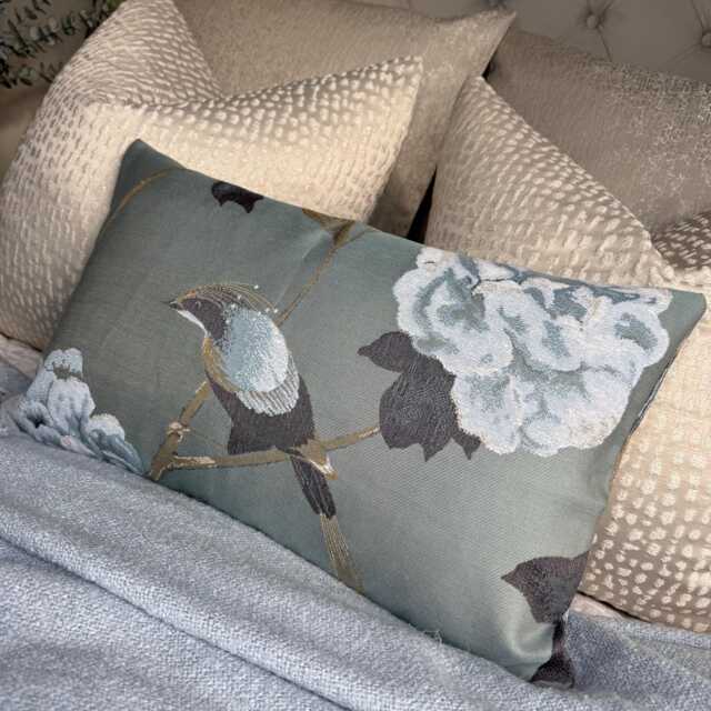 Handmade Floral Bird Pillow Cover, Duck Egg Teal, Rectangle 12x20 - image 1