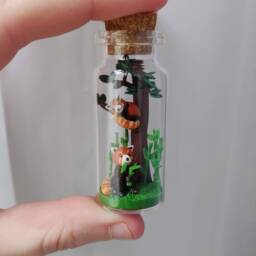 Two Cute Red Pandas in Glass-Bottle/Unique Miniature Figure/ Handmade Artwork - thumbnail 4