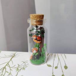 Two Cute Red Pandas in Glass-Bottle/Unique Miniature Figure/ Handmade Artwork - thumbnail 2