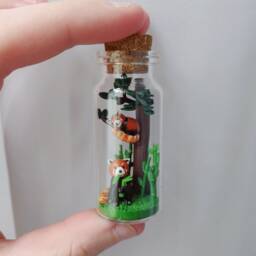 Two Cute Red Pandas in Glass-Bottle/Unique Miniature Figure/ Handmade Artwork - thumbnail 1