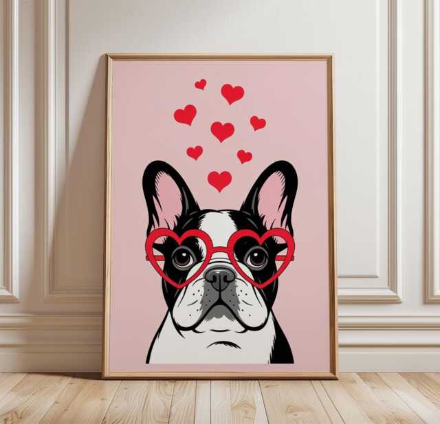 French Bulldog Poster, Pink Dog Wall Art, Cute Frenchie Print, Heart Glasses Pet Decor - image 1