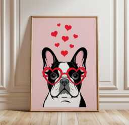 French Bulldog Poster, Pink Dog Wall Art, Cute Frenchie Print, Heart Glasses Pet Decor - thumbnail 1