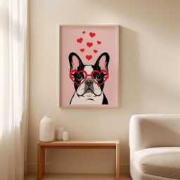 French Bulldog Poster, Pink Dog Wall Art, Cute Frenchie Print, Heart Glasses Pet Decor - thumbnail 2