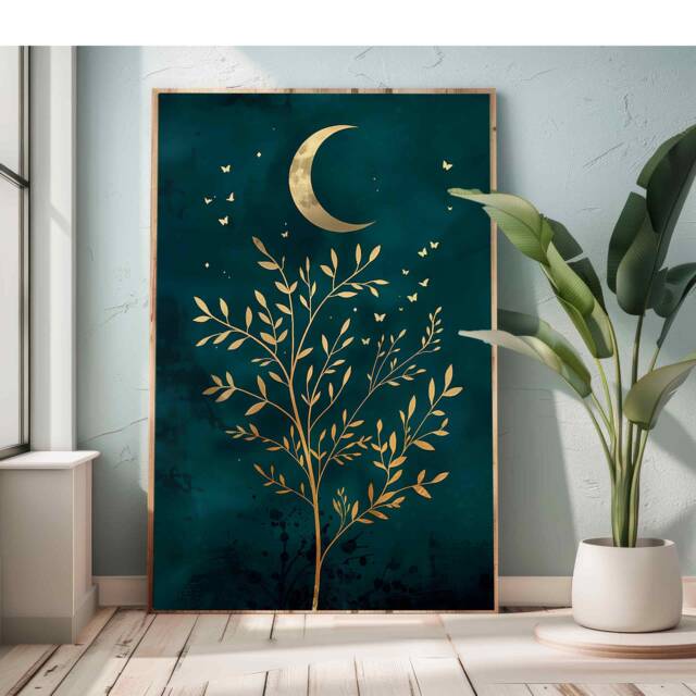 Tree Of Life Minimalistic Moon Nature Poster, Powder Room Wall Fine Art Bathroom Dressing Living Decor Teal Gold Boho Print - image 1